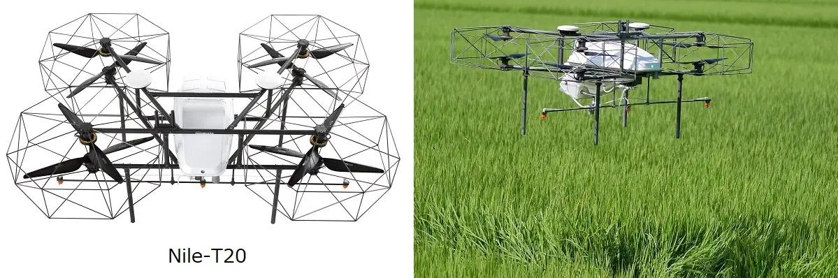 ナイルワークスの農業用ドローンとその飛行の様子